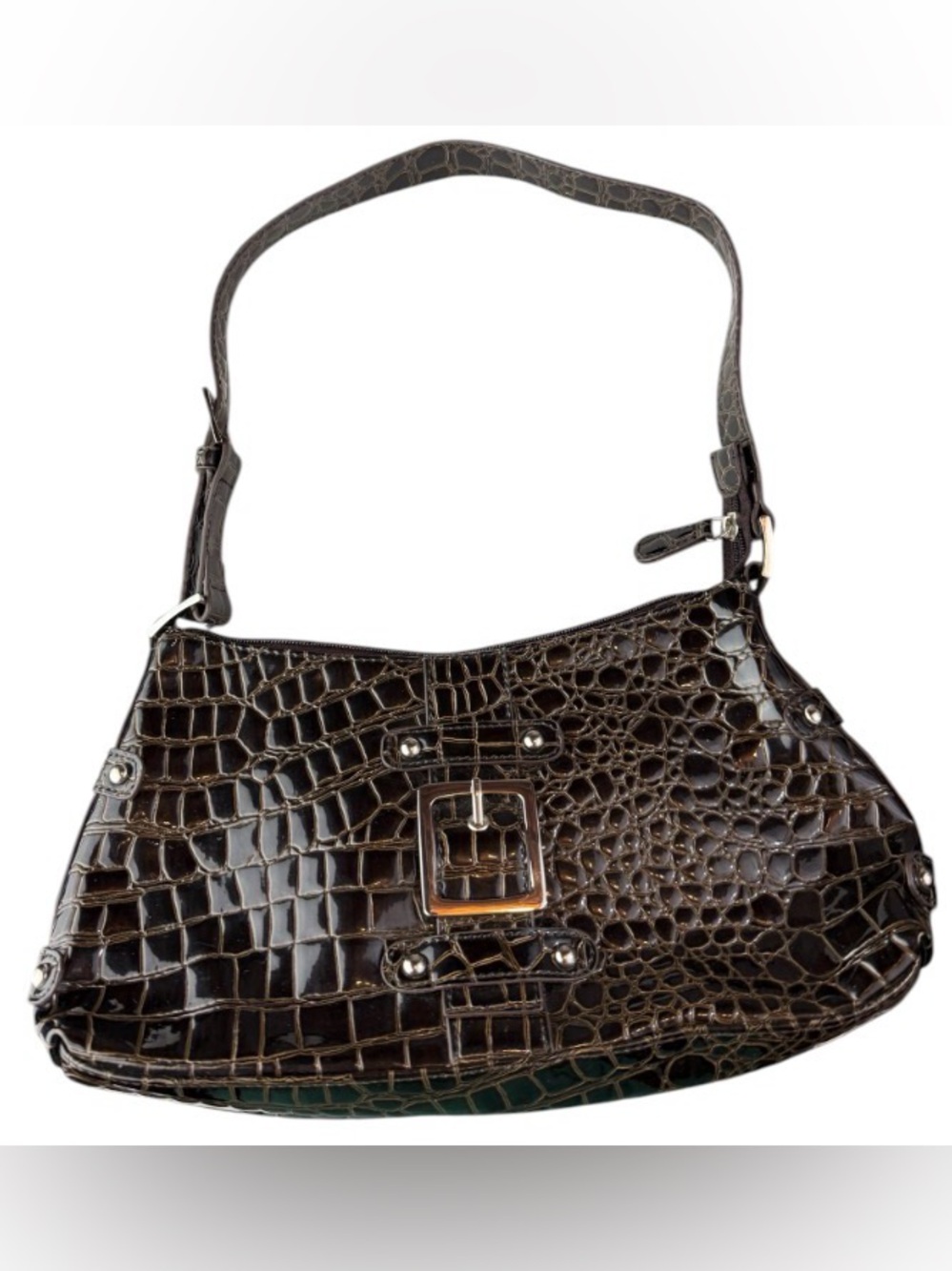 Dark Brown Croc-Embossed Shoulder Bag